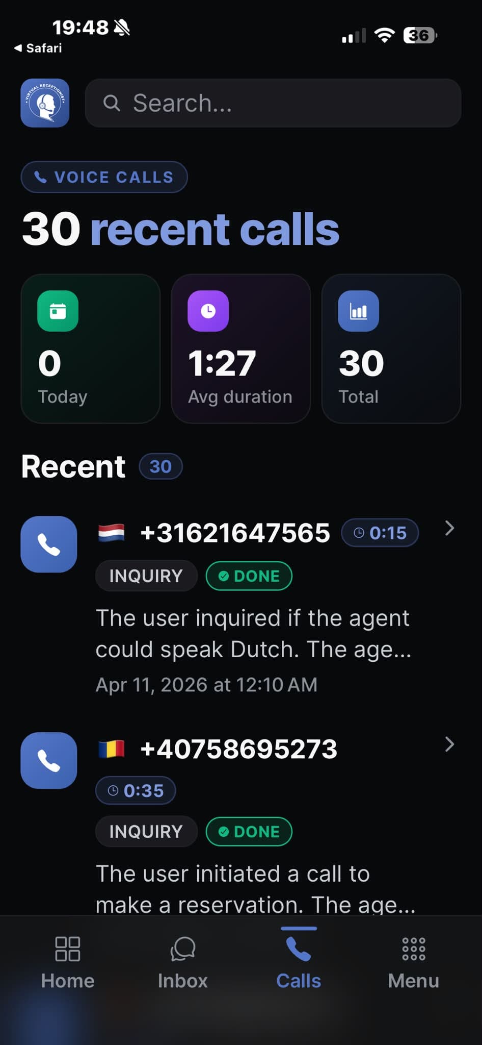 Virtual Receptionist App — Sprachanrufe
